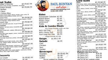 Paul Bunyan Sub Shop menu