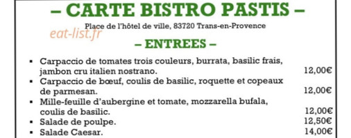 Bistro Pastis menu