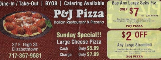 P J Pizza menu